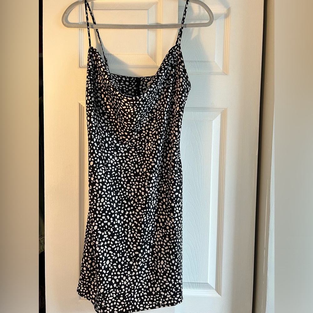 Stradivarius silky cowl neck dress in black and white